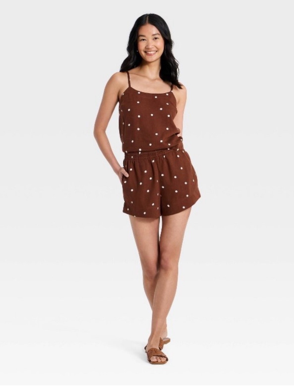 Brown Polka Dot Spaghetti-Strap top and shorts
